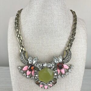 Whimsical Chunky Crystal Necklace Bronze Tone Chain Bling Shabby Chic Statement